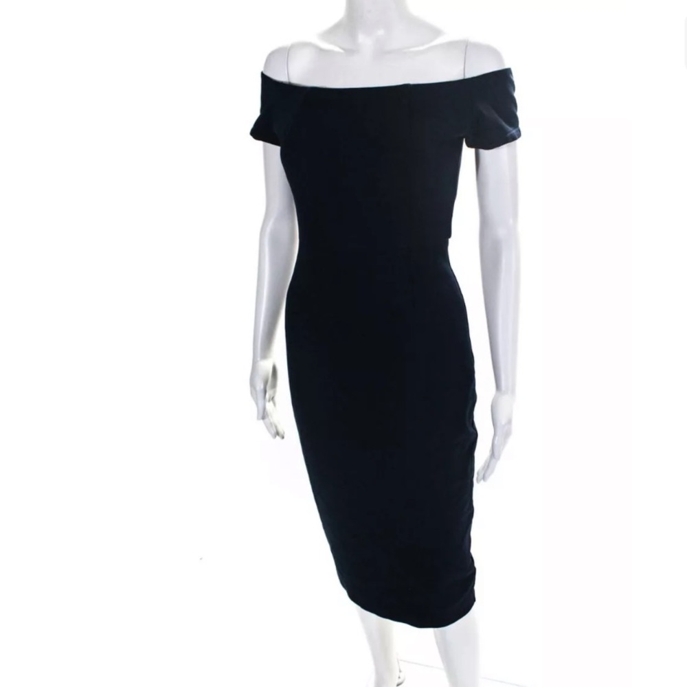Trina Turk indigo sheath off shoulder stretchy shirt sleeve midi dress size 0 - Picture 6 of 8